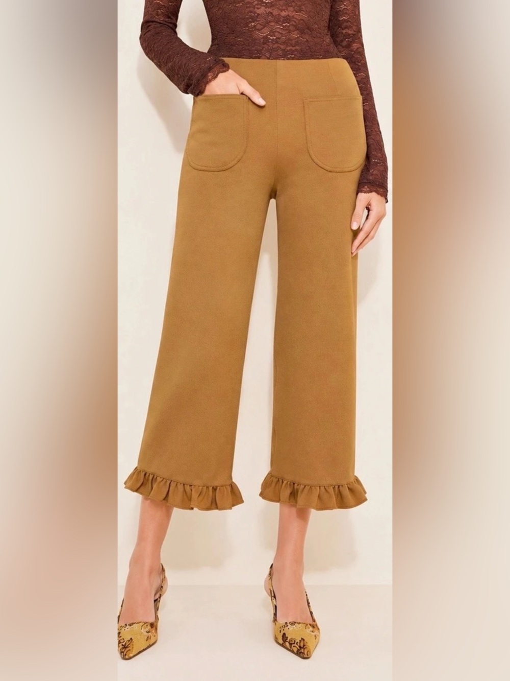 Maeve Camel Brown The Colette Crop Ruffle-Hem Wide-Leg Pants - Size 31/12